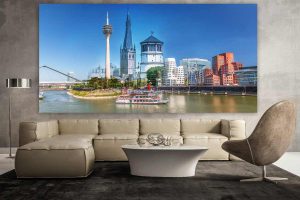 Acrylcollage Düsseldorf mit Medienhafen , Rheinturm und Rhein Panorama