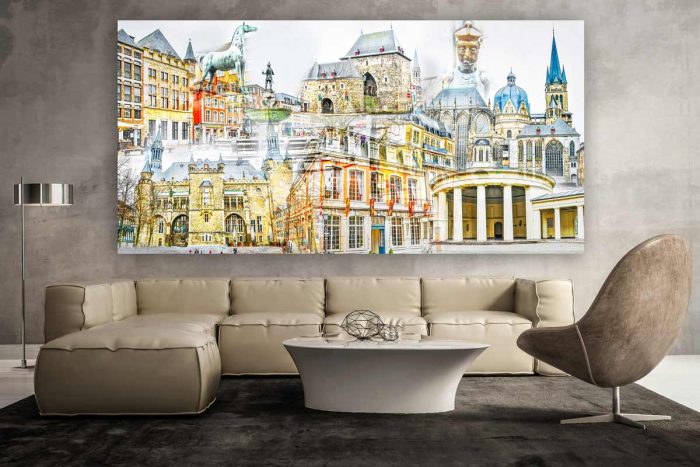 Collage Aachen im Pop-Art Panorama Design. Kunst Bilder auf Leinwand