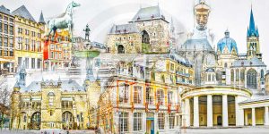 Collage Aachen im Pop-Art Panorama Design. Kunst Bilder auf Leinwand