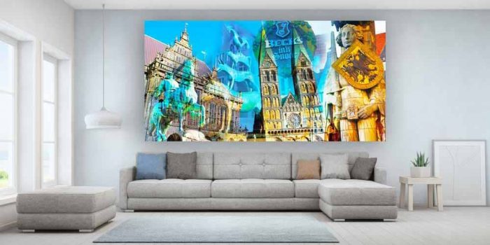 Collage Bremen aus der Hansestadt. Panorama Kunstwerk auf Leinwand