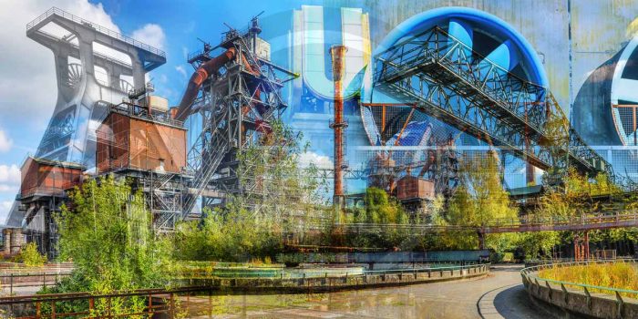 Collage Duisburg Panorama Bild mit Wahrzeichen aus dem Ruhrgebiet