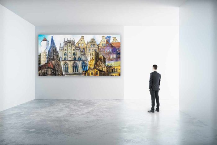 Collage Münster als Panorama Pop-Art Kunst. Bilder auf Leinwand & Acryl