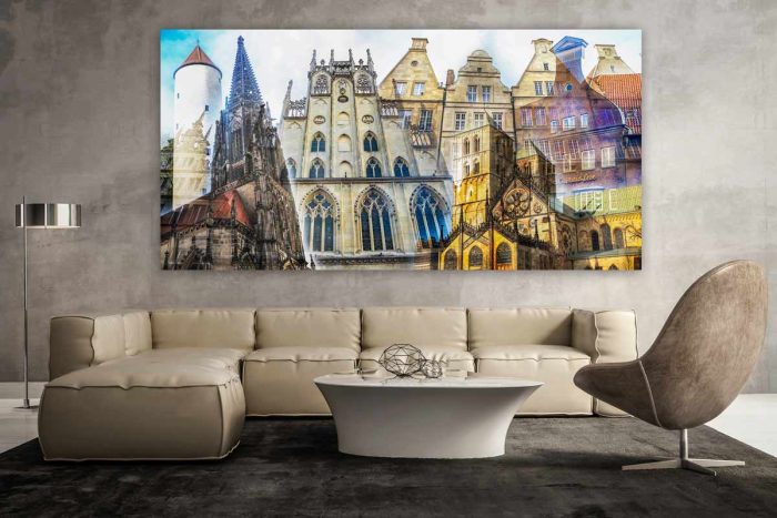Collage Münster als Panorama Pop-Art Kunst. Bilder auf Leinwand & Acryl