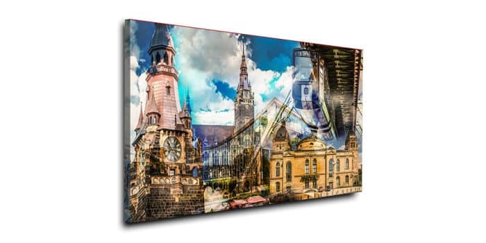 Collage Wuppertal als Panorama Bild und Collage. Schwebebahn Art