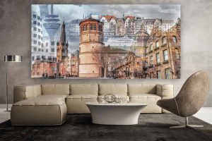 Düsseldorf Stadtpanorama Collage - Modernes Rhein Bild auf Acryl