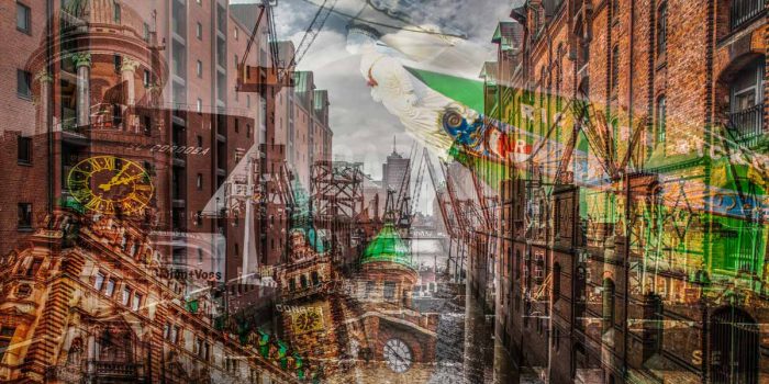 Hamburg Kunstbilder | Elbe Panorama Art Collage der Stadt