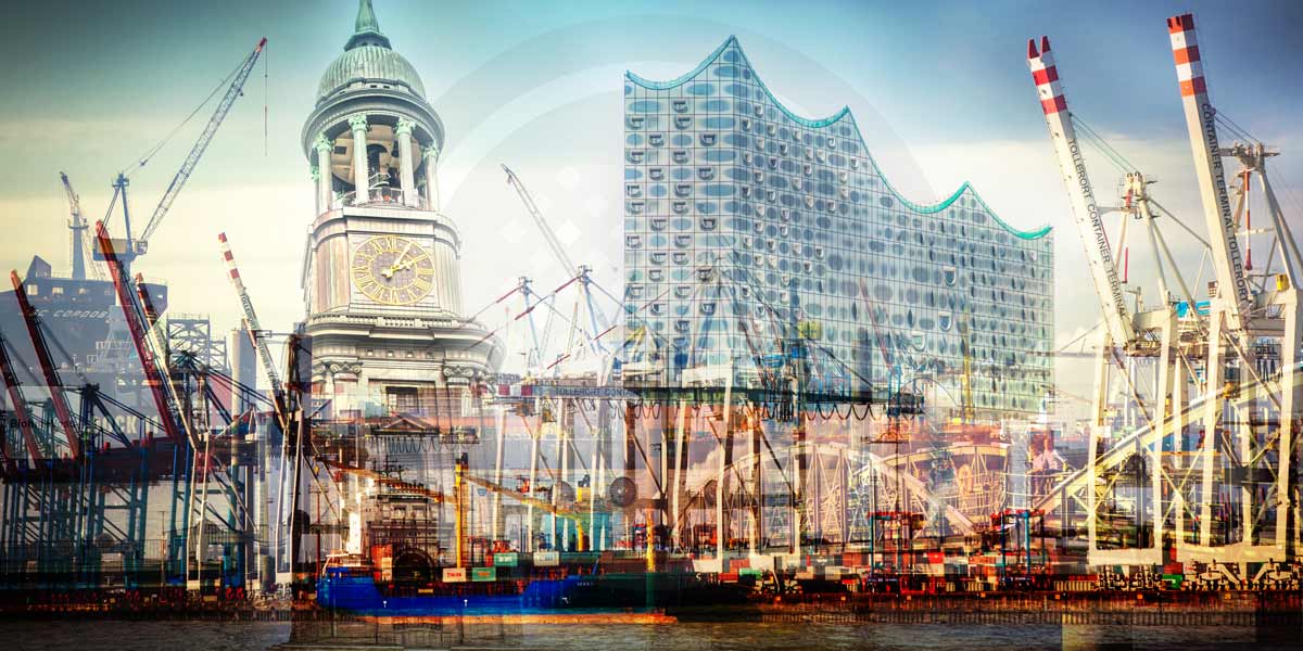 Hafen der Bilder Panorama Collage. Skyline Hansestadt Hamburger Stadt