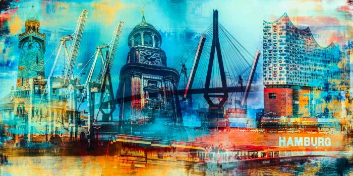 Kunstbild Hamburg Meine Stadt. Acryl Panorama Pop-Art Kunst Collage