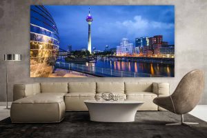 Medienhafen Acrylbilder aus Düsseldorf mit Rhein und Panorama Ansicht