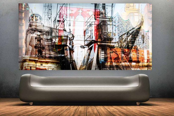 Wahrzeichen Hamburg Kunst Collage im XL Panorama Format auf Acryl