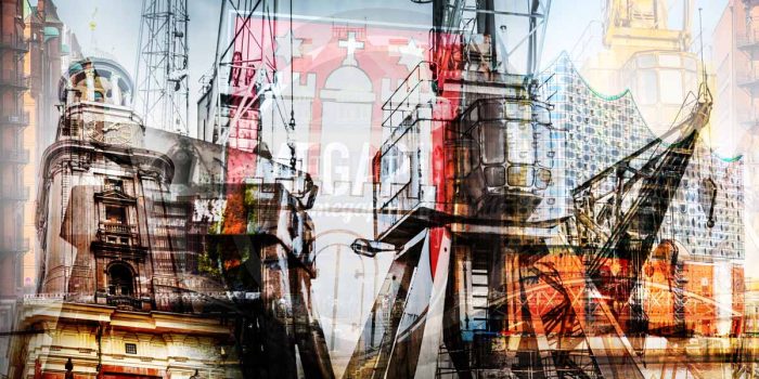Wahrzeichen Hamburg Kunst Collage im XL Panorama Format auf Acryl