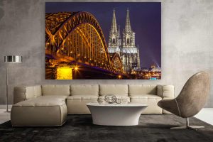 Fotokunst Köln Panorama bei Nacht | Kölner Skyline mit dem DOM, dem Rhein und der Hohenzollernbrücke