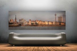 Burgplatz, Rheinturm und Rhein | Skyline Düsseldorf Kunst Panorama Bilder vom Rhein