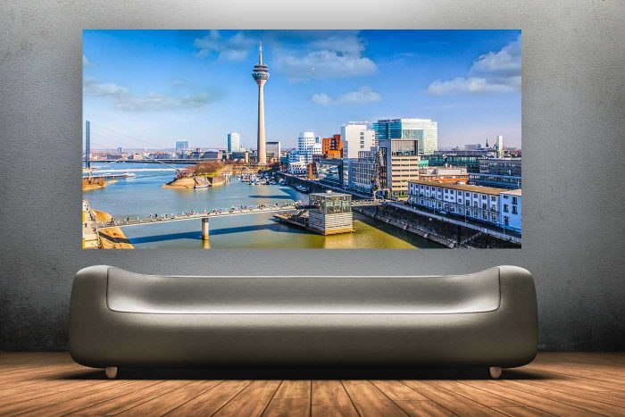 Düsseldorf Skyline & Panorama Ausblick auf den Rhein | Fotokunst Panorama Bild, Made in Düsseldorf